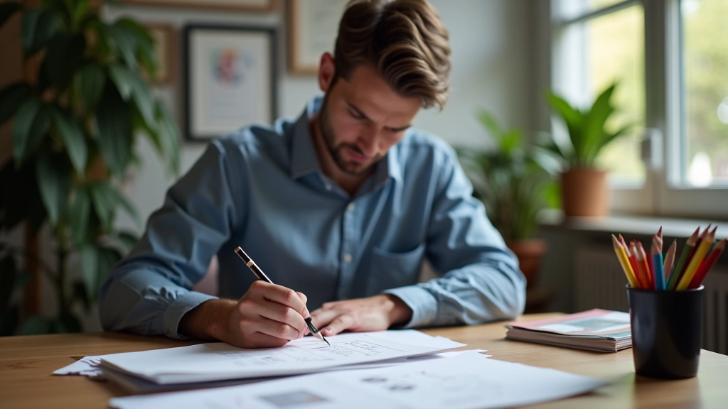 Designer pracující na skicáři s různými variantami šipek a stínů
